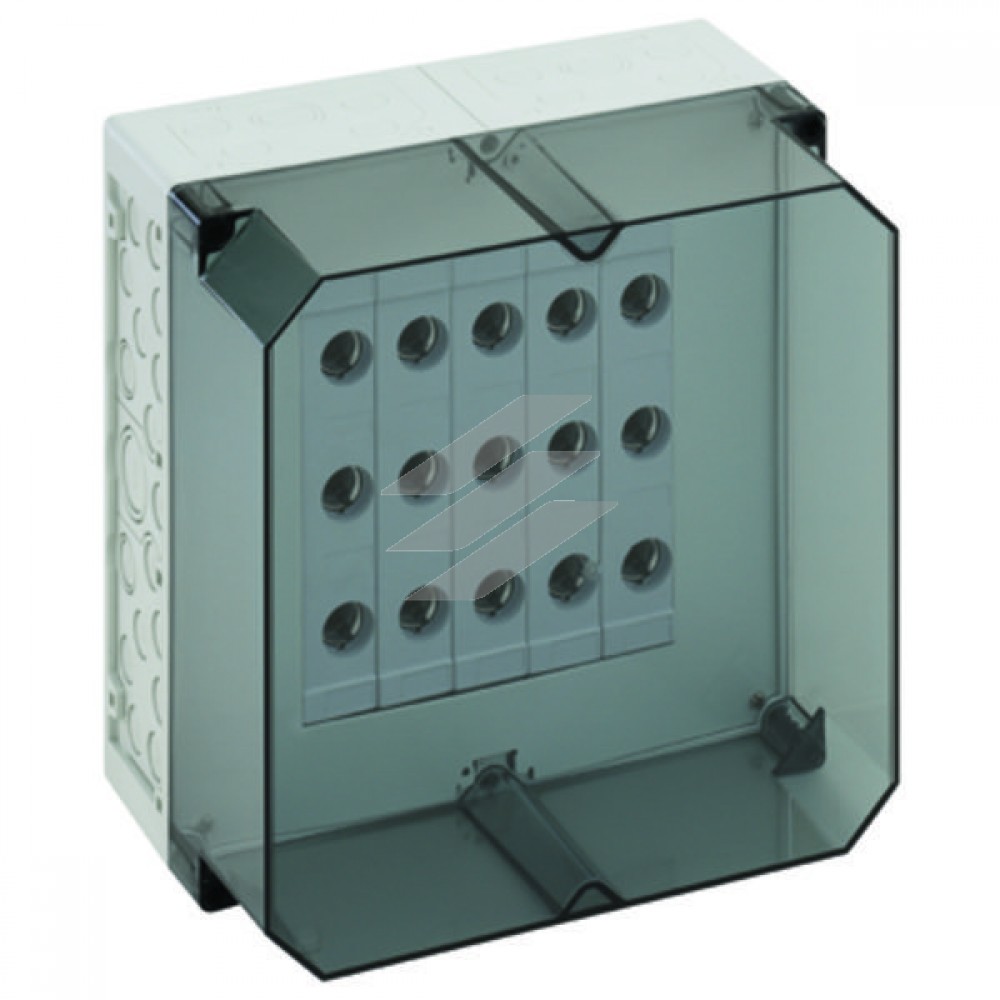 Корпус AKi-SN 25 (300х300х210) під запобіж.(5хD02, E18, 63A) на збірній шині, max січ.відведень: від запобіж.-25мм2, PE-16мм2, N-16мм2, прозора кришка, IP65, Spelsberg